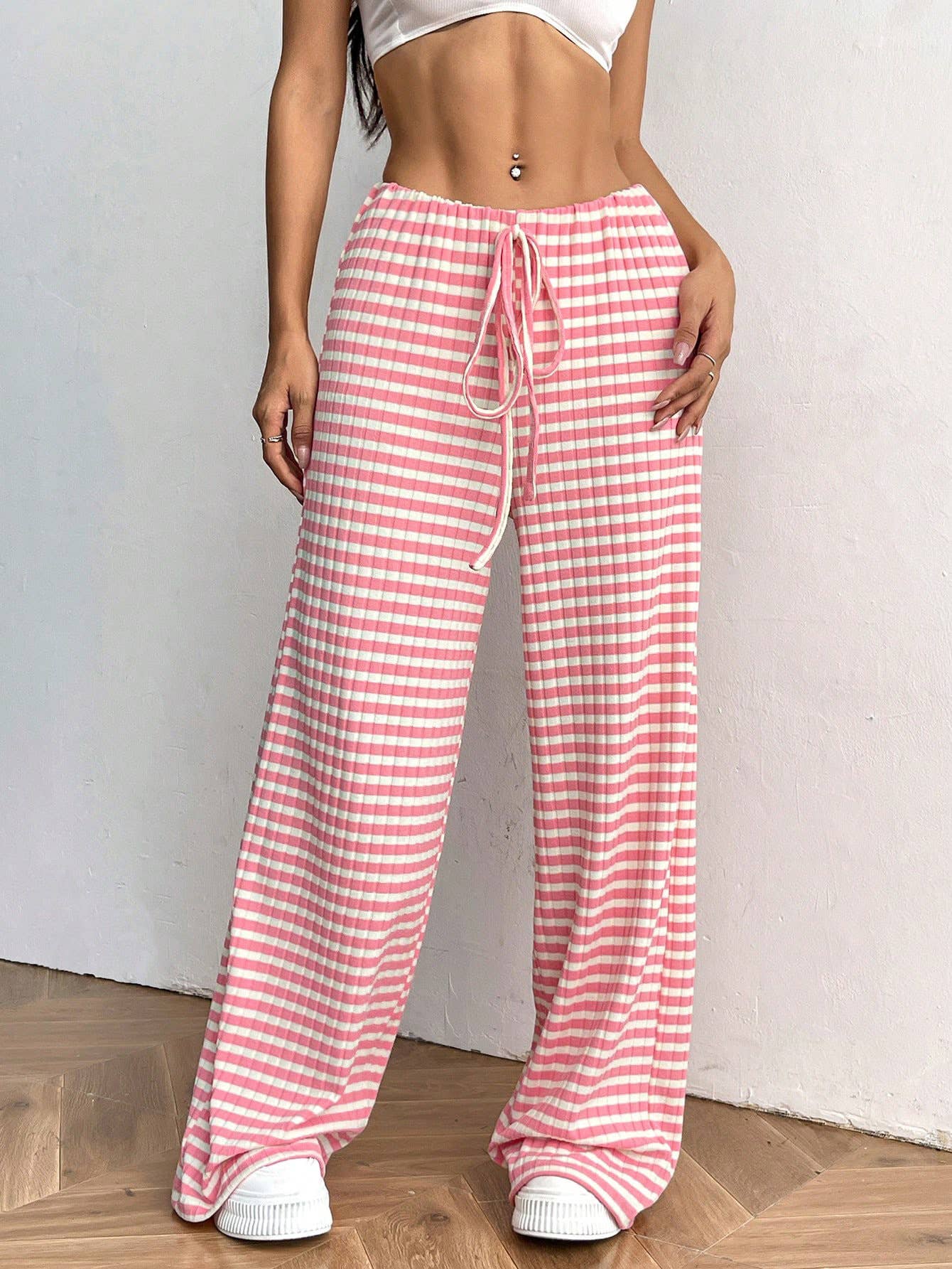Casual Striped Elastic Drawstring Straight-Leg Pants