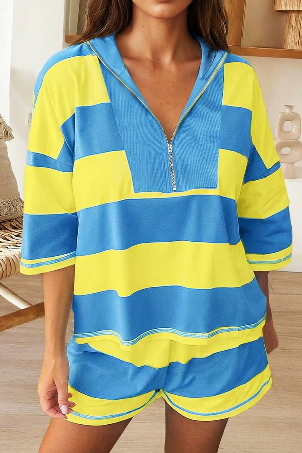 Stripe Seam Half Zip Tee and Casual Shorts 2pcs Set (S-4X)