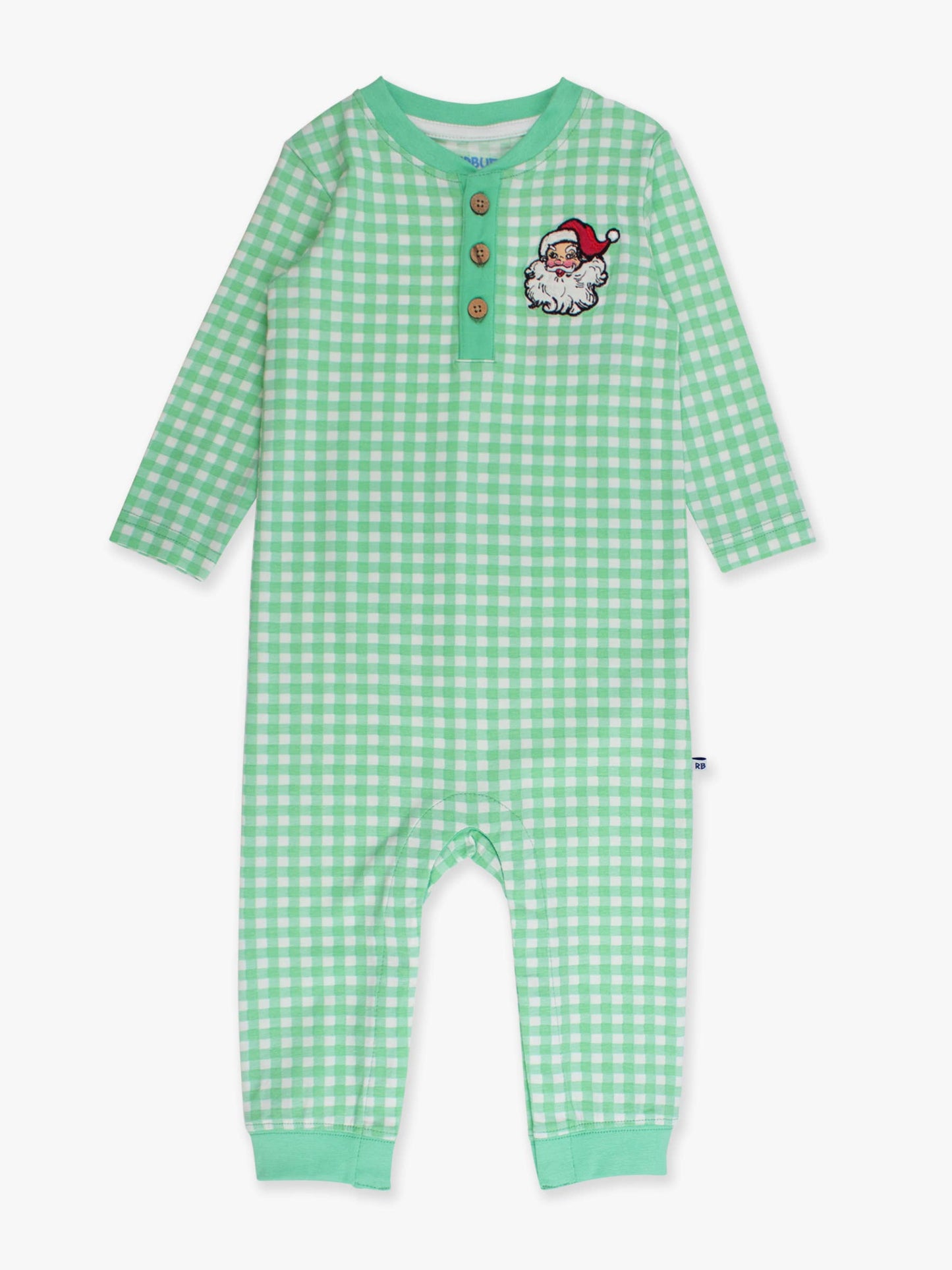 Baby Boys Dear Santa Green Gingham Knit Embroidered Henley Romper