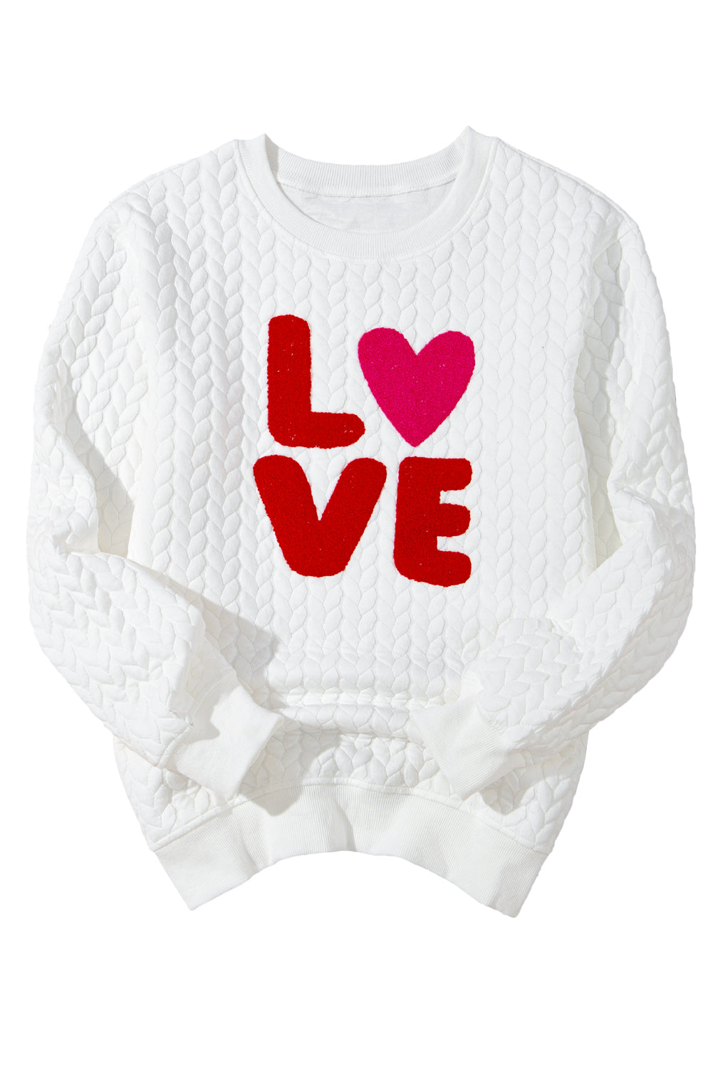 White XOXO Chenille Letter Patch Quilted Sweatshirt