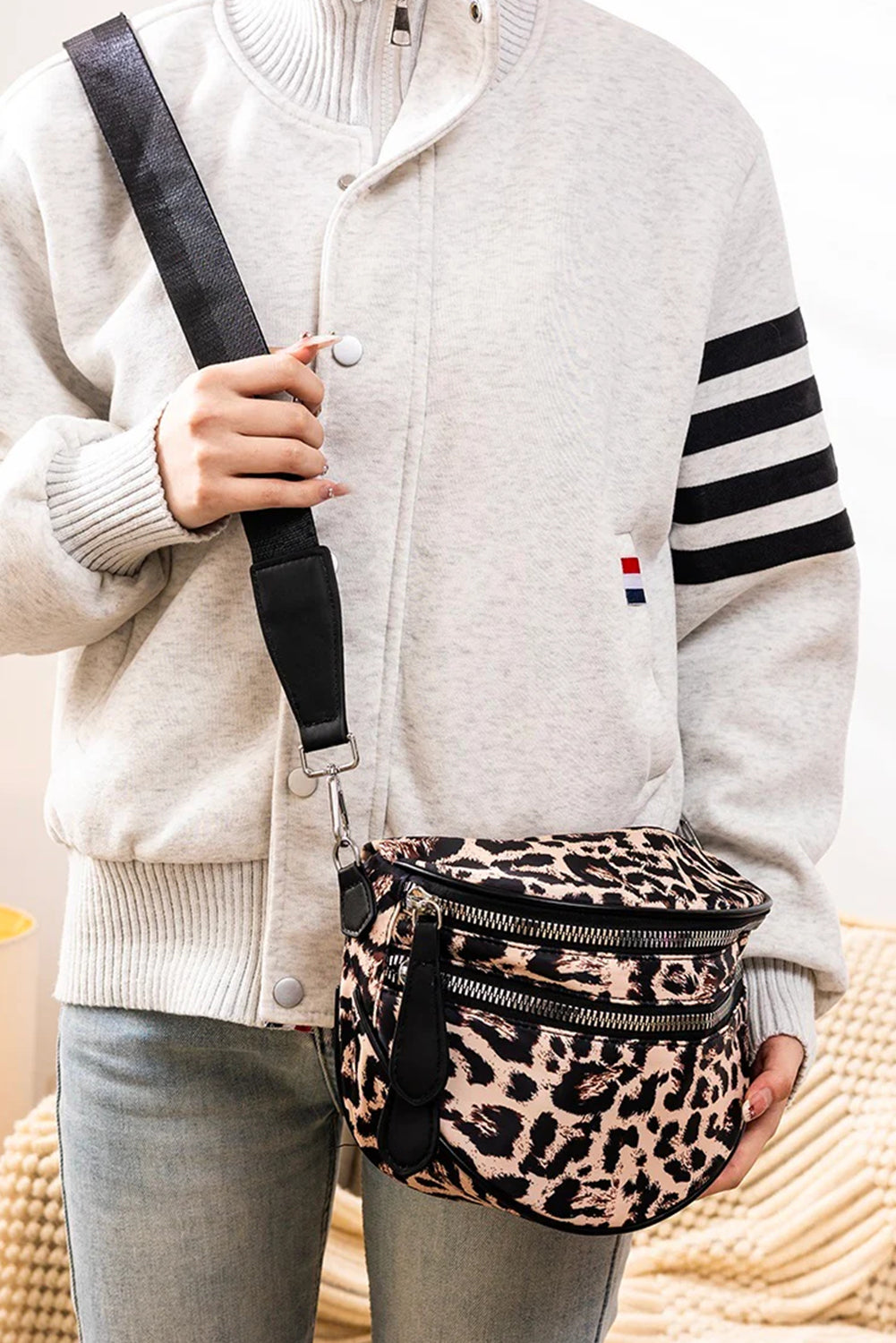 Light Grey Camouflage Print Double Zipper Crossbody Bag