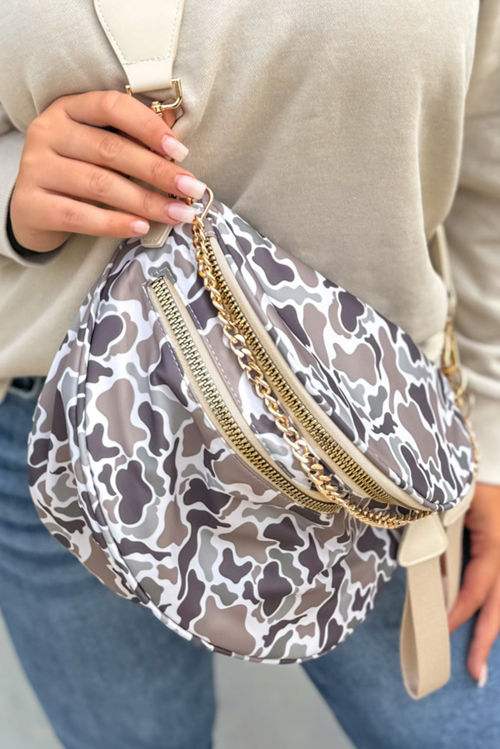 Light Grey Camouflage Print Double Zipper Crossbody Bag