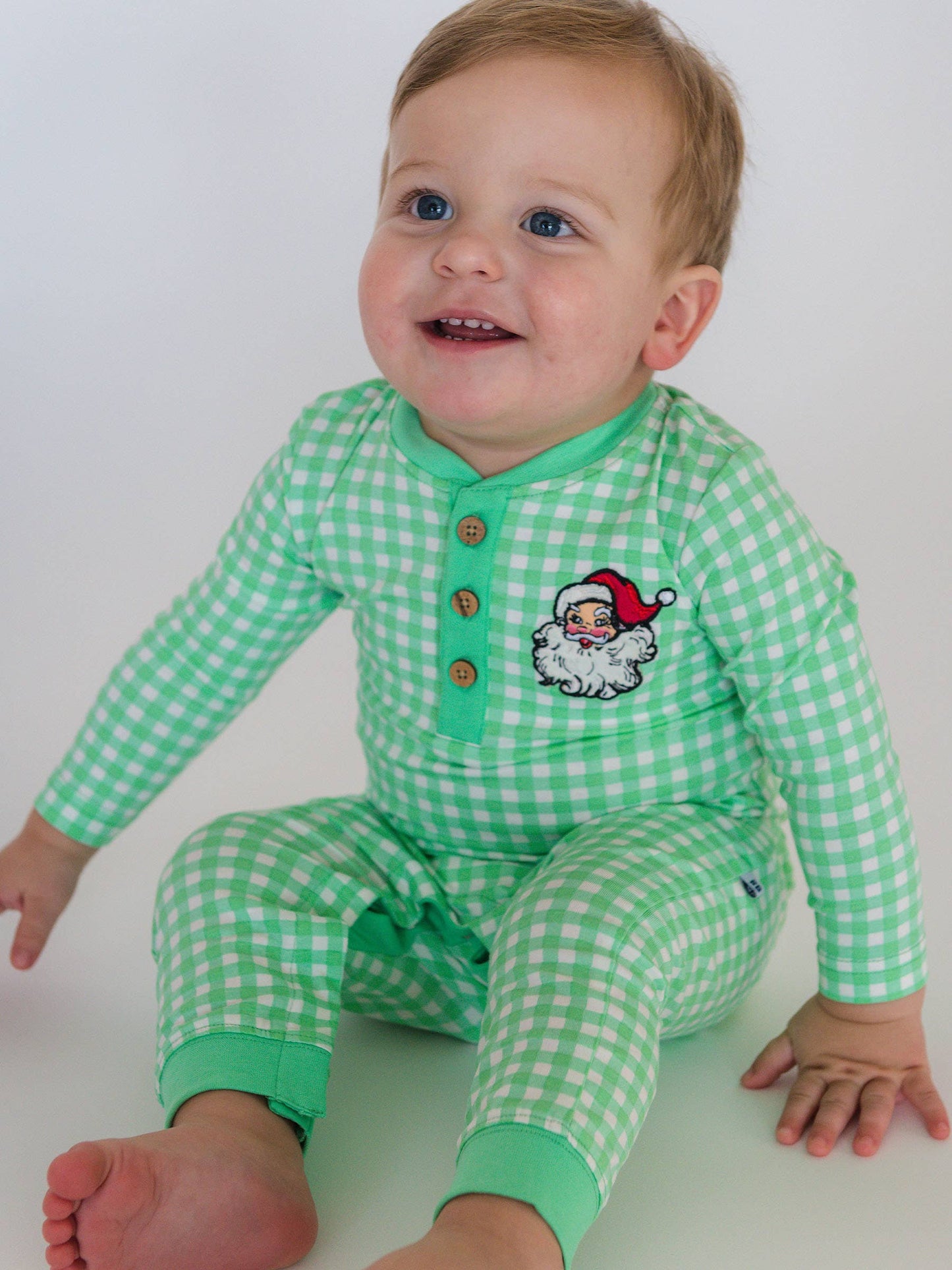Baby Boys Dear Santa Green Gingham Knit Embroidered Henley Romper