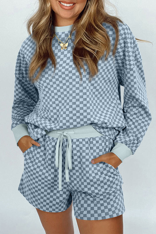 Sky Blue Checkerboard Contrast Trim Long Sleeve Pullover and Shorts Set