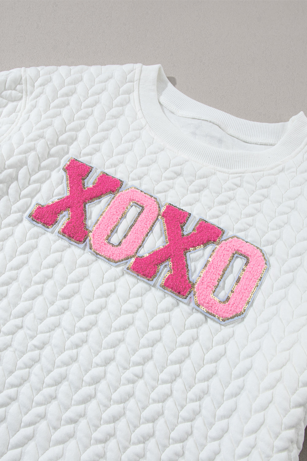 White XOXO Chenille Letter Patch Quilted Sweatshirt