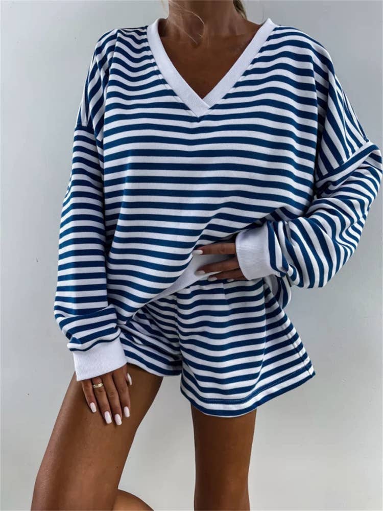 Striped V-Neck Oversized Sweatshirt Shorts Set