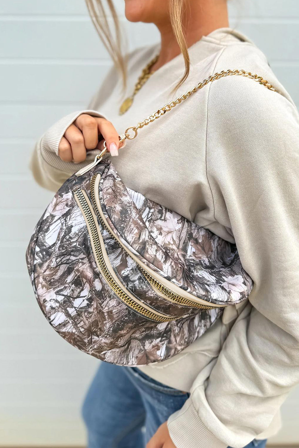 Light Grey Camouflage Print Double Zipper Crossbody Bag