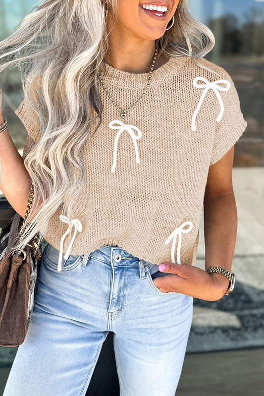 Parchment Bowknot Applique Cap Sleeve Sweater