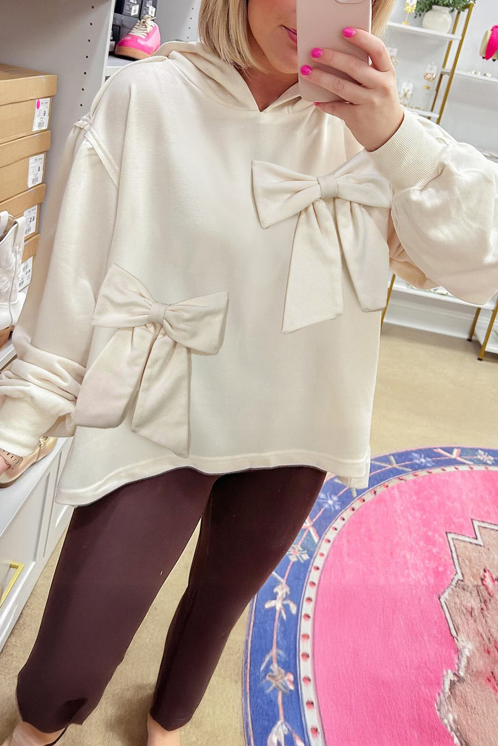 White Solid Color Cute Bow Embellished Loose Hoodie