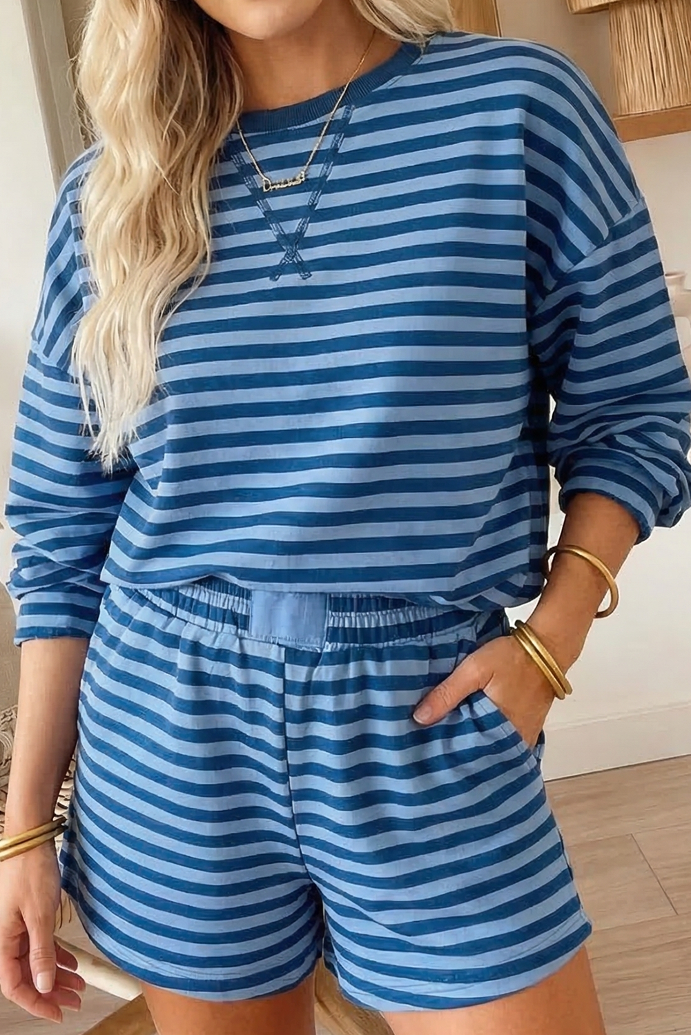 Stripe Long Sleeve Pullover Elastic Waist Shorts Set (S-XL)