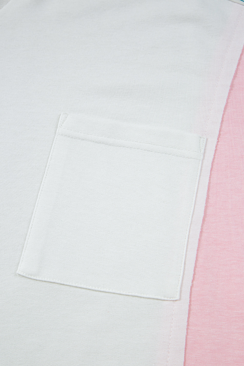 White Floral Colorblock Patchwork Notched Neck Long Sleeve Top