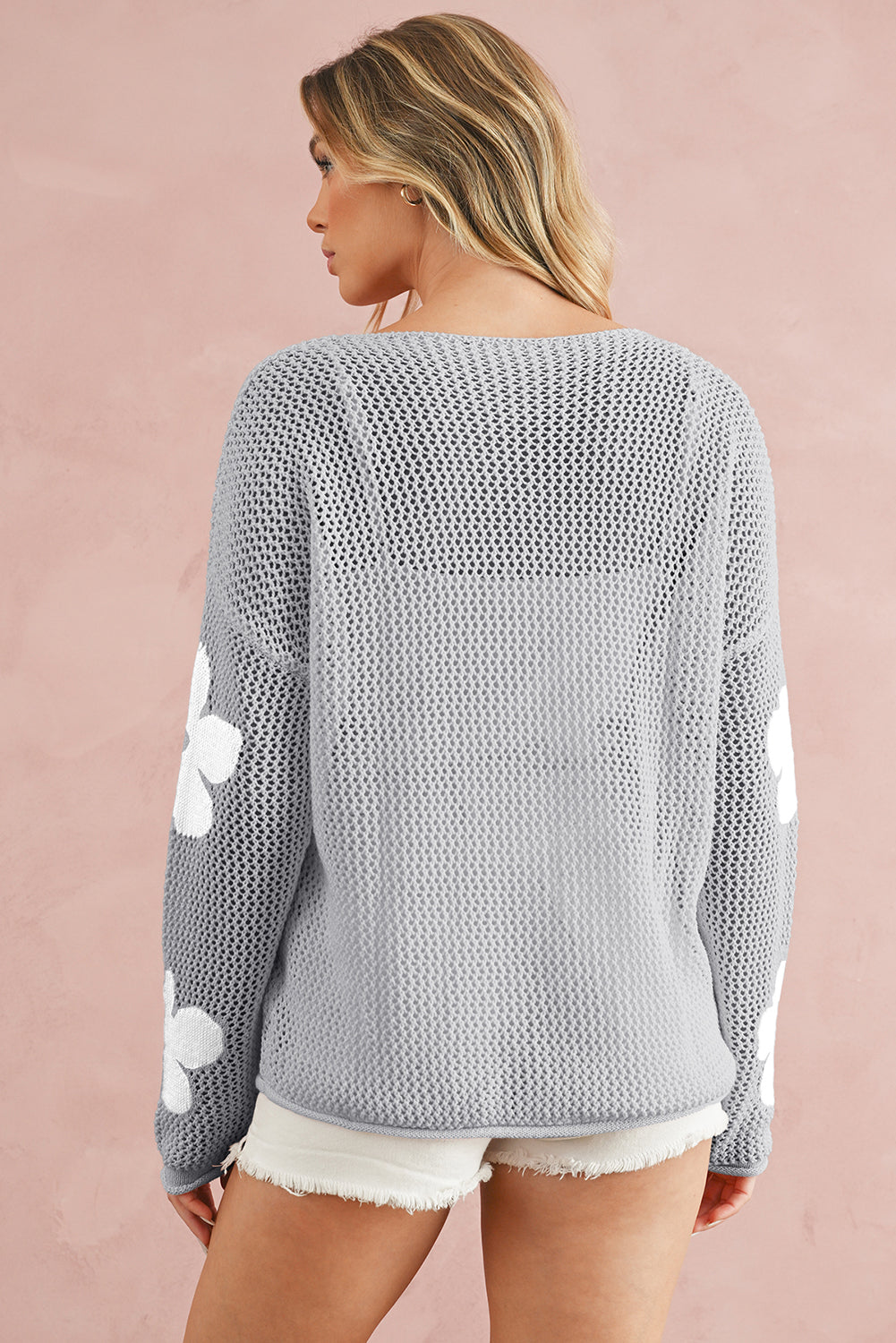 Light Pink Flower Drop Shoulder Hollow Knit Top