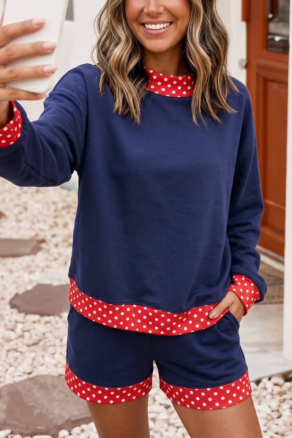 F/W 26 Hot Polka Dot Trim Mock Neck 2pcs Short Set |S-4X