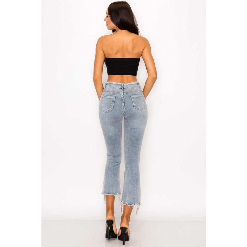 RHINESTONE FRINGE DENIM PANTS