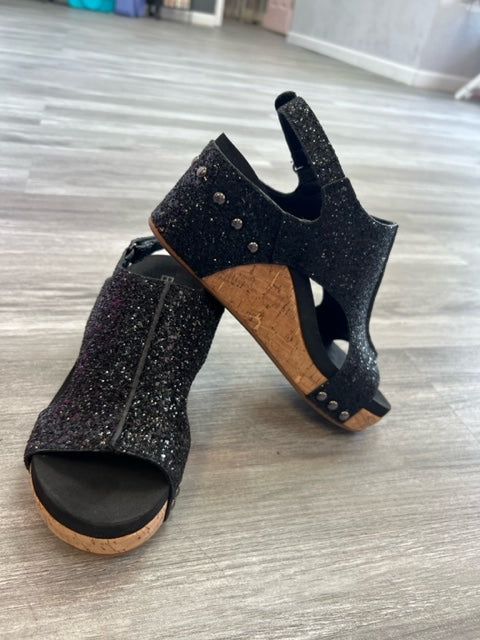 Corky's Carley shoe chocolate, Black Glitter, Silver Glitter, Charcoal leopard