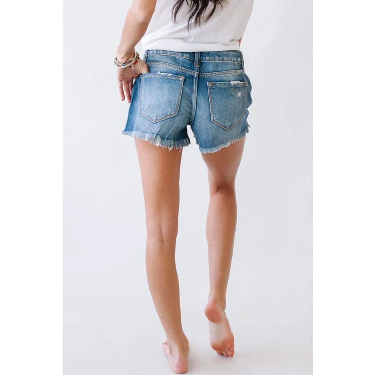 Distressed Mid Rise Frayed Hem Denim Shorts
