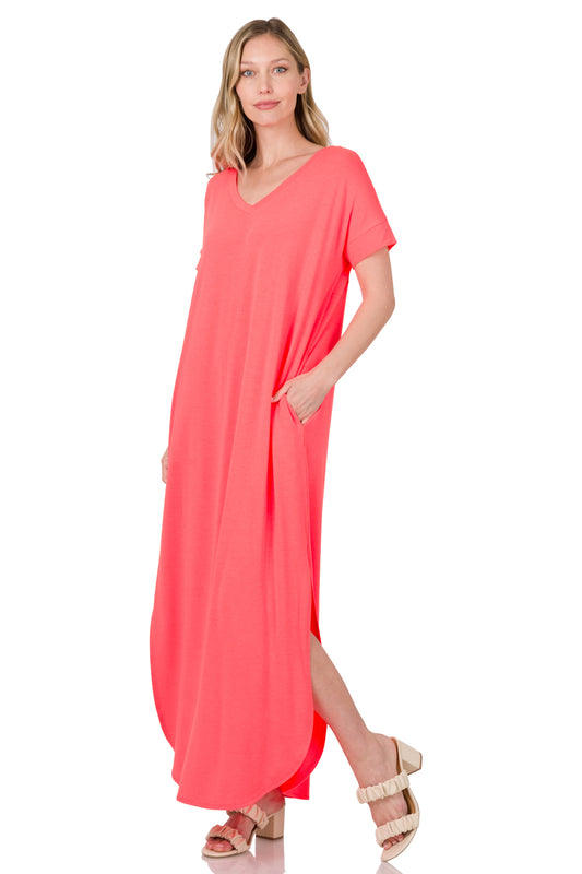 V-NECK SHORT SLEEVE MAXI DRESS