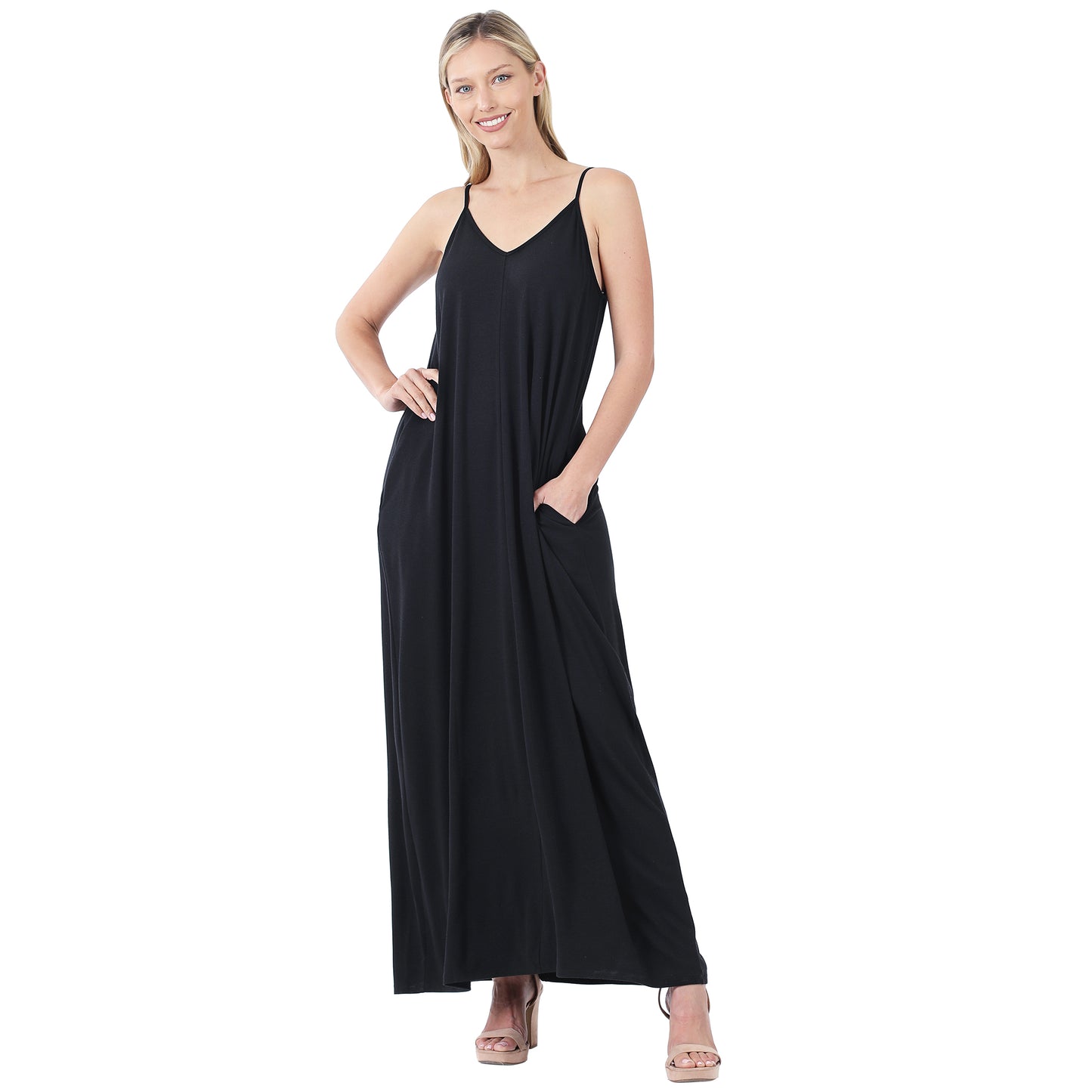 V-NECK CAMI MAXI DRESS WITH SIDE POCKETS