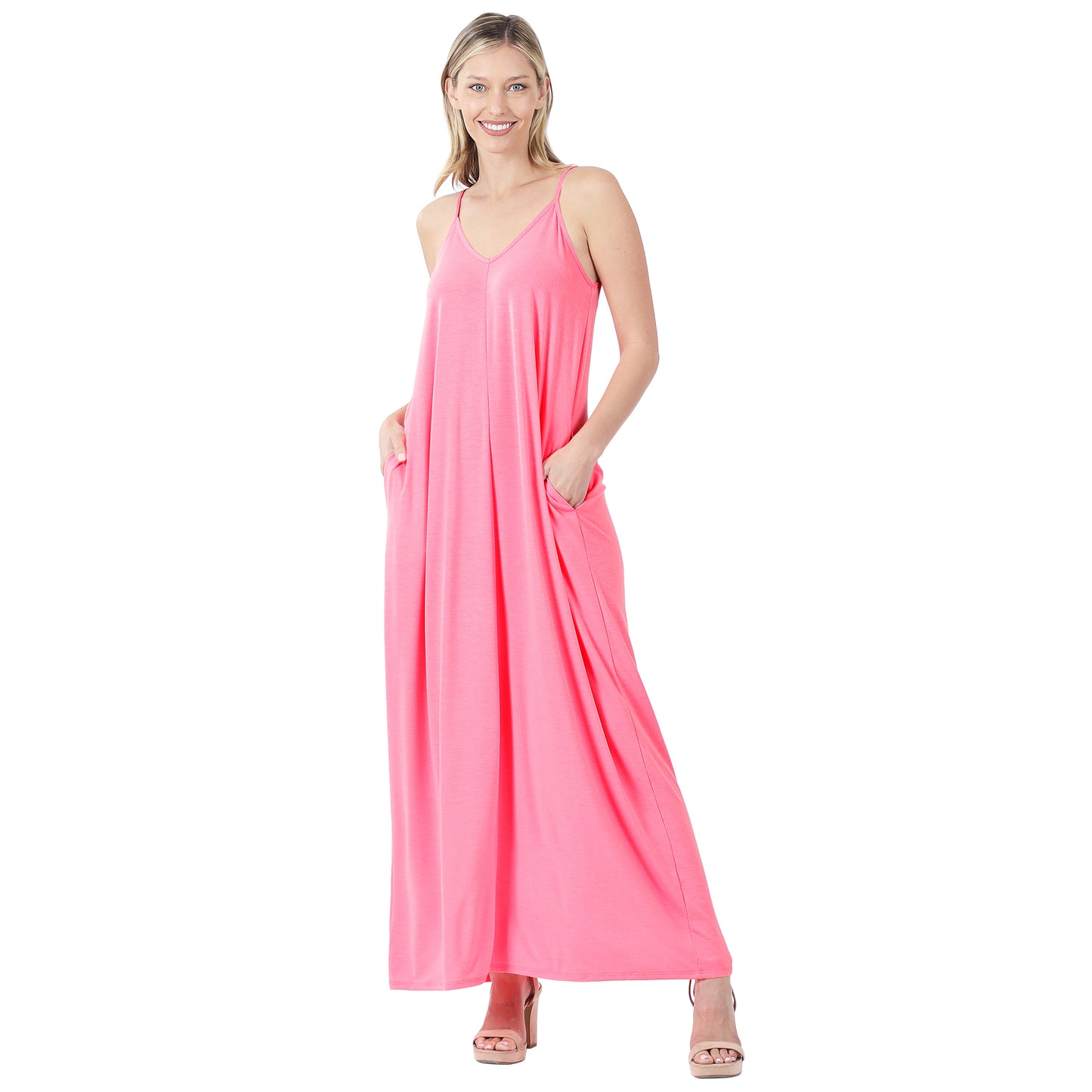V-NECK CAMI MAXI DRESS WITH SIDE POCKETS