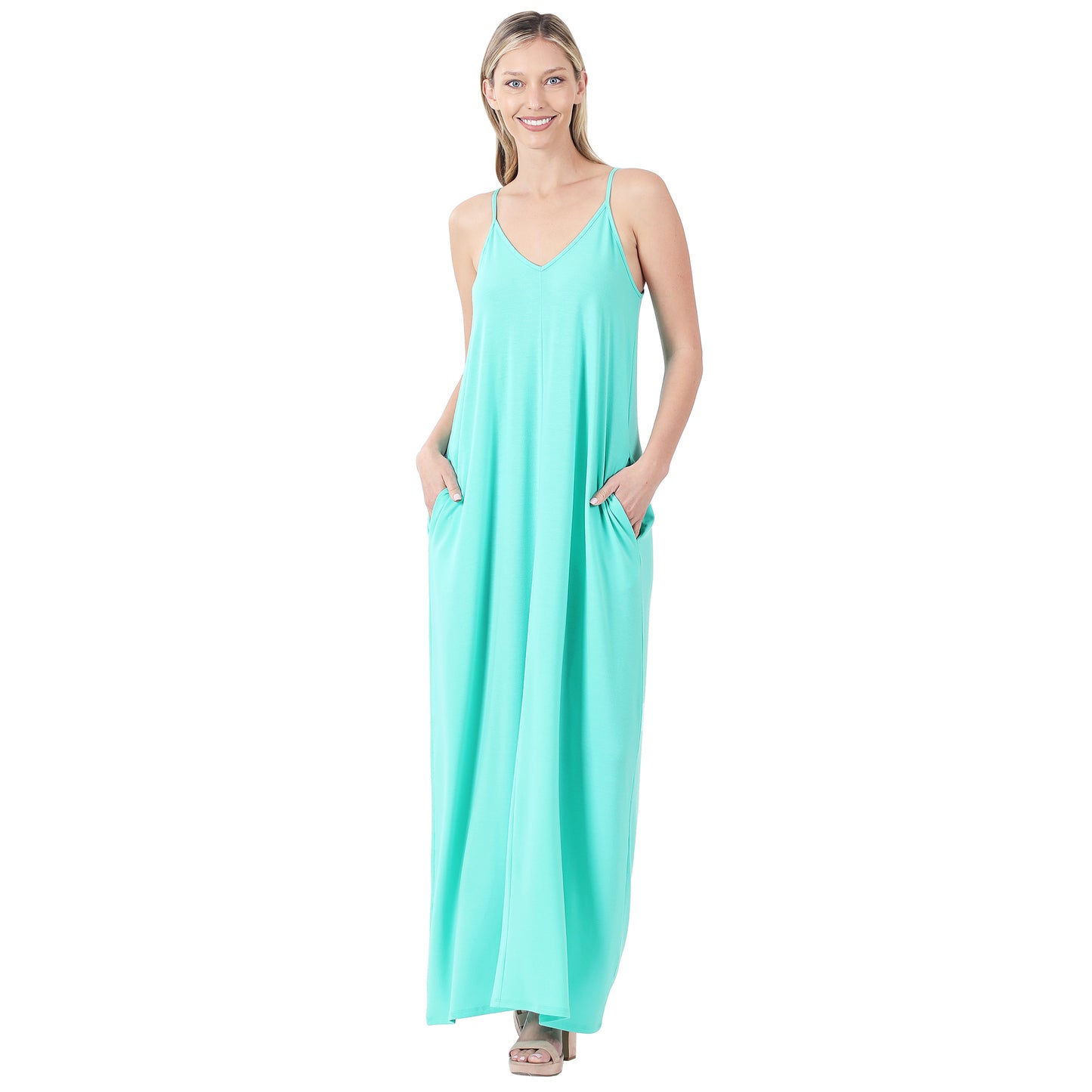 V-NECK CAMI MAXI DRESS WITH SIDE POCKETS