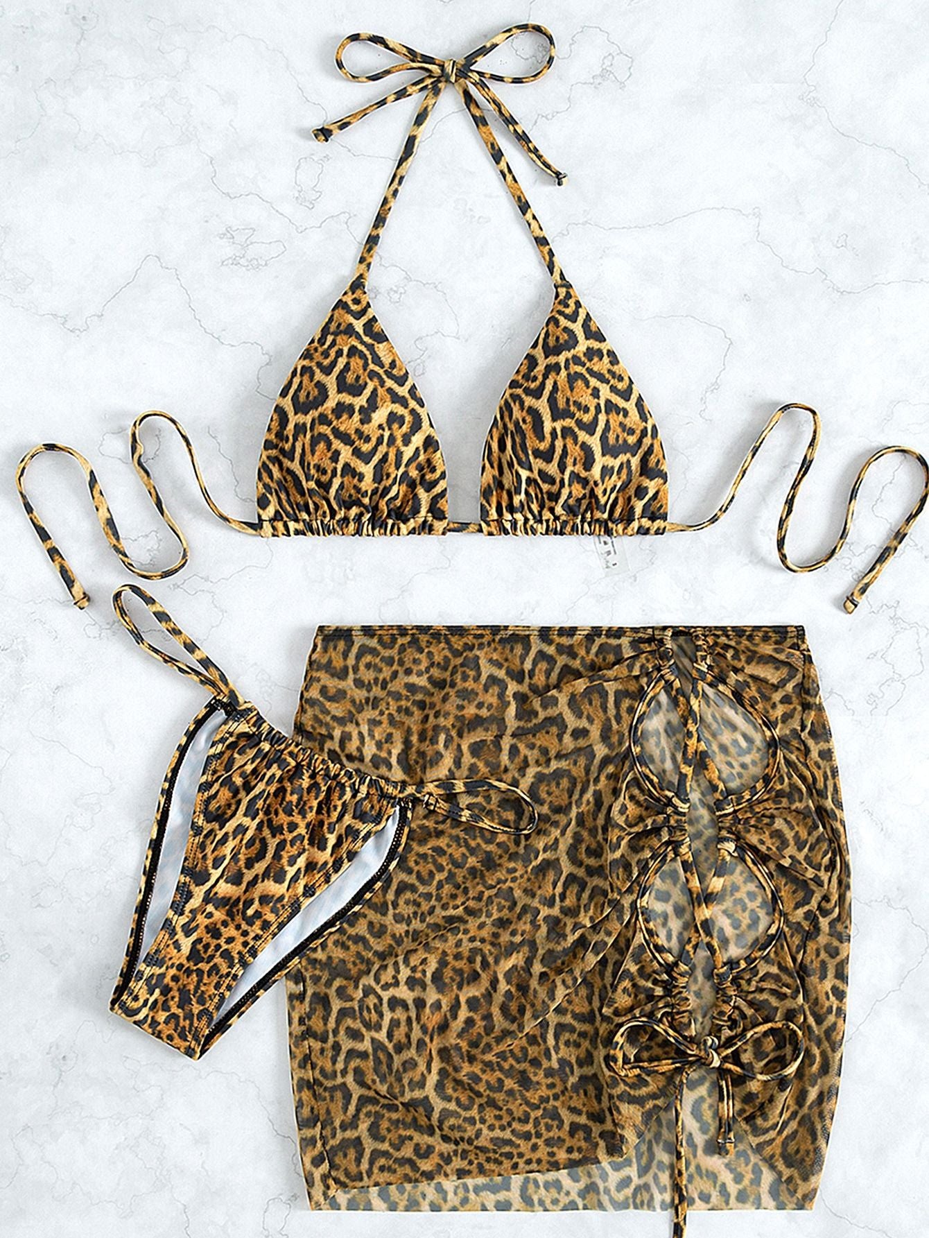 Leopard Print Bikini Lace Up Women's Three Piece Swimsuit