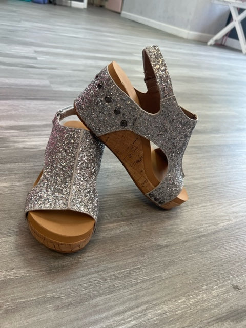 Corky's Carley shoe chocolate, Black Glitter, Silver Glitter, Charcoal leopard